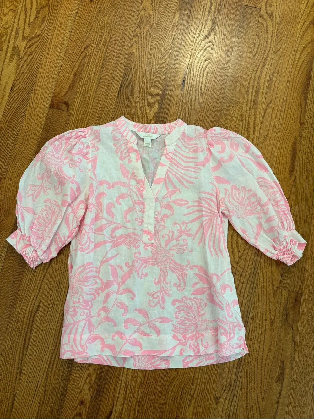 Lilly Pulitzer Mialeigh 100% Linen Top Pink White Floral Resortwear Preppy